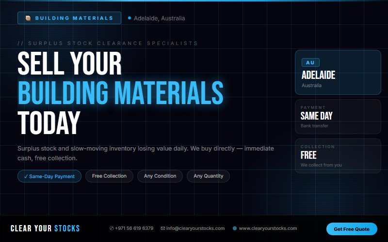 Adelaide, Australia Non-Moving Building Materials Stock Buyers — Same Day Collection and Pay