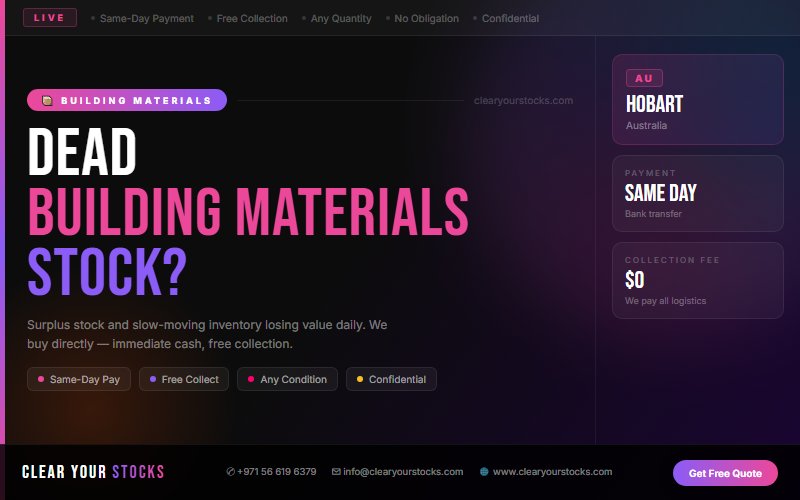 Building Materials Stock Clearance Buyers in Hobart, Australia — Any Condition Accepted