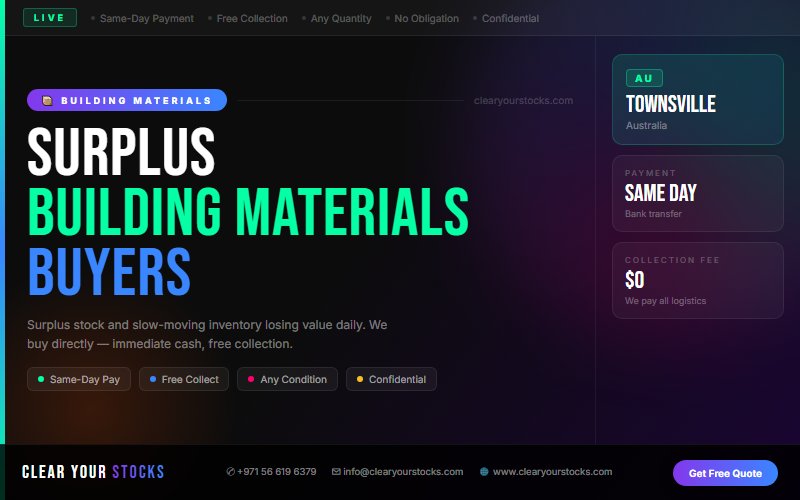Sell Non-Moving Building Materials Inventory in Townsville, Australia — Same Day Payment