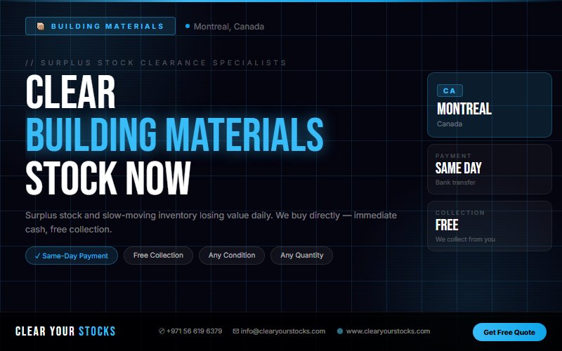 Sell Non-Moving Building Materials Inventory Near Montreal, Canada — Instant Cash Payment