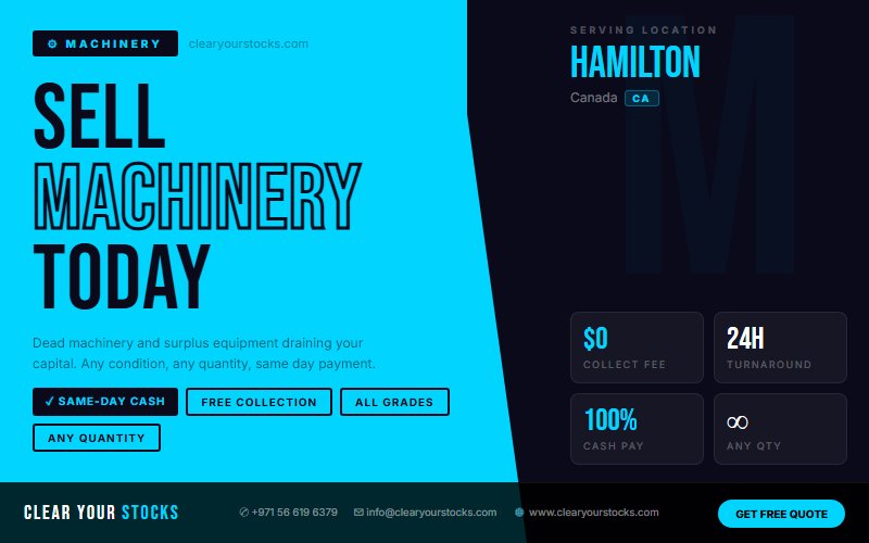 Sell Non-Moving Machinery Inventory in Hamilton, Canada — Same Day Payment