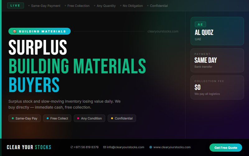 Al Quoz, UAE Non-Moving Building Materials Stock Buyers — Same Day Collection and Pay