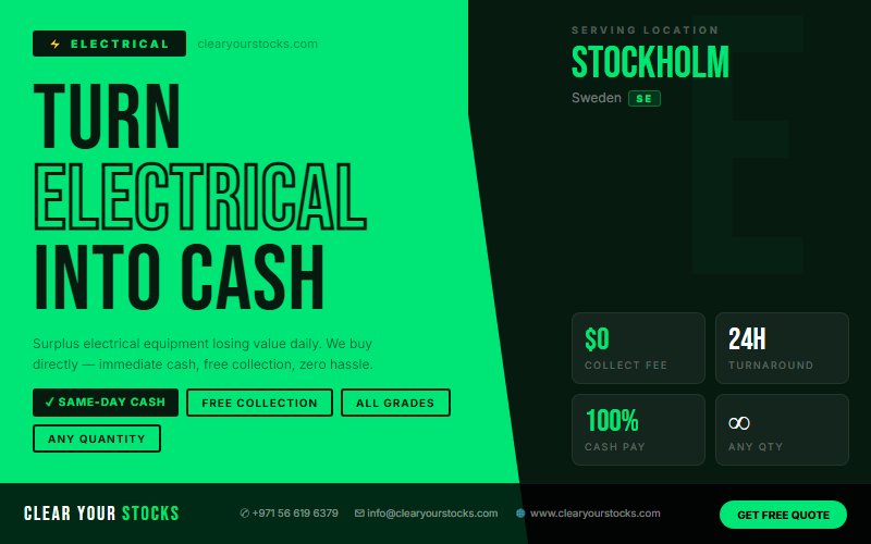 Dead Stock Buyers Near Stockholm, Sweden — Electrical Clearance with Same Day Pay