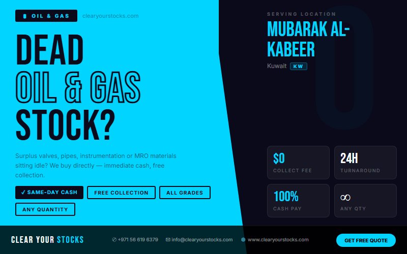 We Purchase Oil & Gas Dead Stock in Mubarak Al-Kabeer, Kuwait — Free Collection, Instant Pay