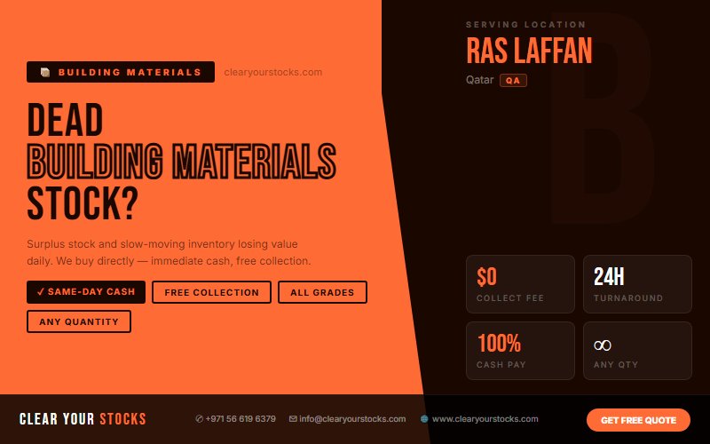 Ras Laffan, Qatar Non-Moving Building Materials Stock Buyers — Same Day Collection and Pay