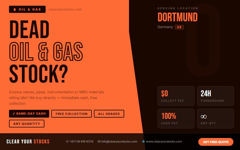 Unwanted Oil & Gas Inventory Buyers in Dortmund, Germany — No Minimum Quantity