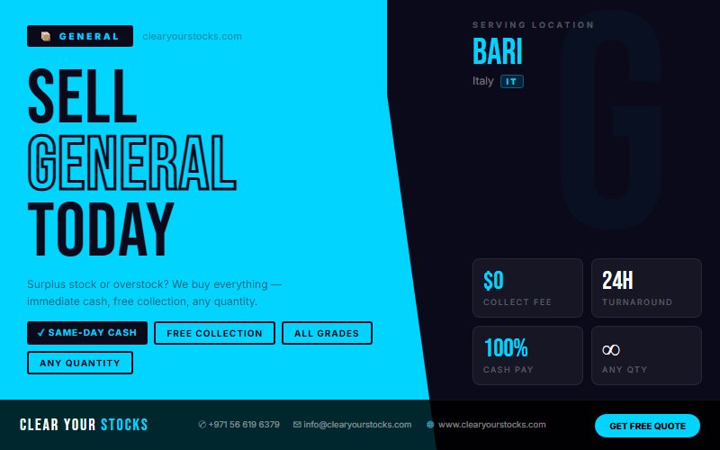 Unsold General Stock Buyers in Bari, Italy — Recover Your Capital Today