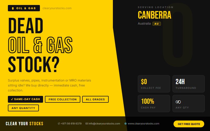 Australia Dead Stock Buyers for Oil & Gas — Any Quantity Near Canberra, Australia