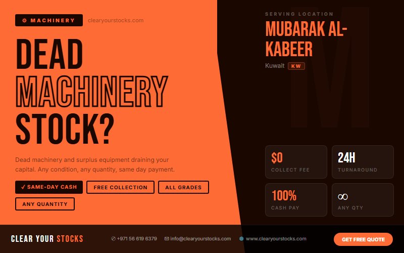 Liquidate Your Machinery Stock in Mubarak Al-Kabeer, Kuwait — Clear Your Stocks Pays Same Day